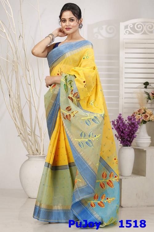 Light Yellow Pure Cotton Embi Ganga Pata Tant Embroidery (1518)