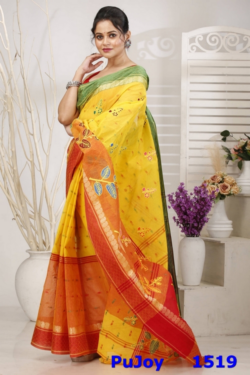 Yellow Red Pure Cotton Embi Ganga Pata Tant Embroidery (1519)