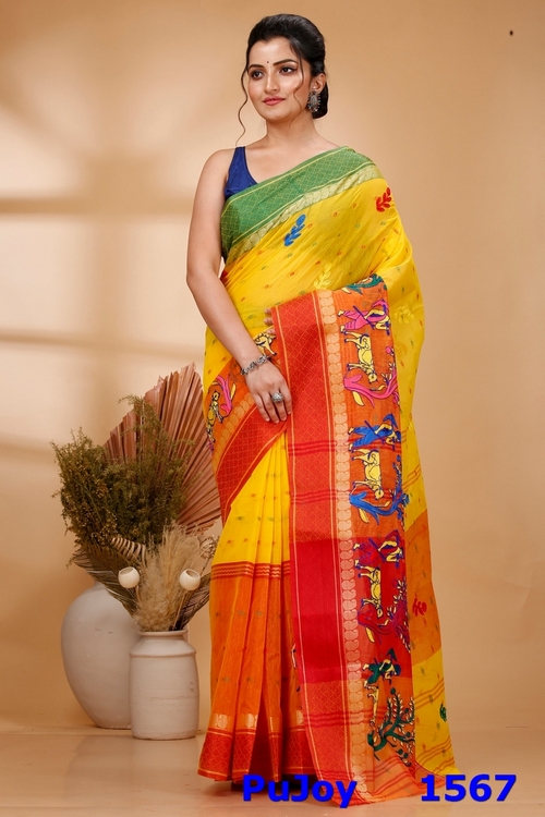 Yellow Red Pure Cotton Embi Ganga Agri Tant Embroidery (1567)