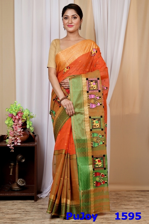 Orange Pure Cotton Embi Ganga Gajo Tant Embroidery (1595)