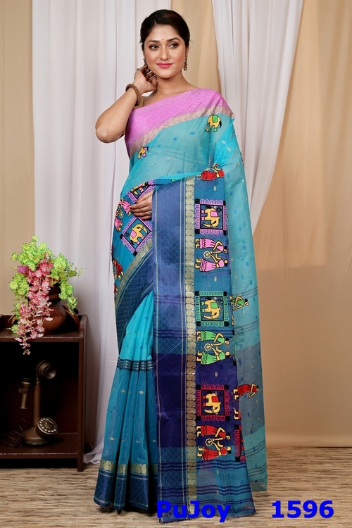 Sky Blue Pure Cotton Embi Ganga Gajo Tant Embroidery (1596)