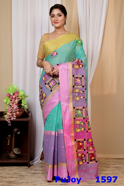 Green and Pink Pure Cotton Embi Ganga Gajo Tant Embroidery (1597)