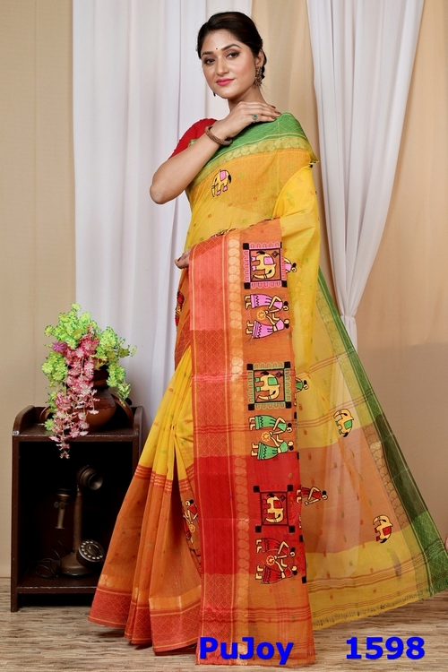 Yellow and Red Pure Cotton Embi Ganga Gajo Tant Embroidery (1598)