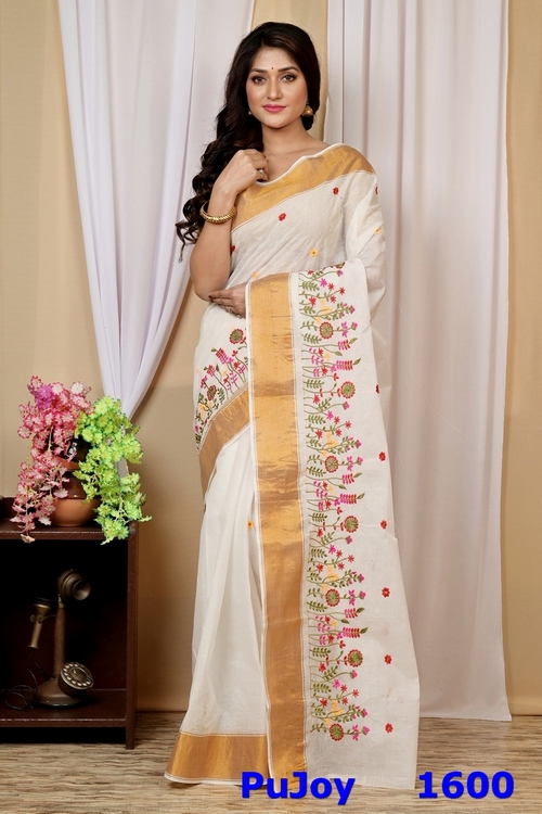 White Gold Pure Cotton Askiti Tant Embroidery (1600)