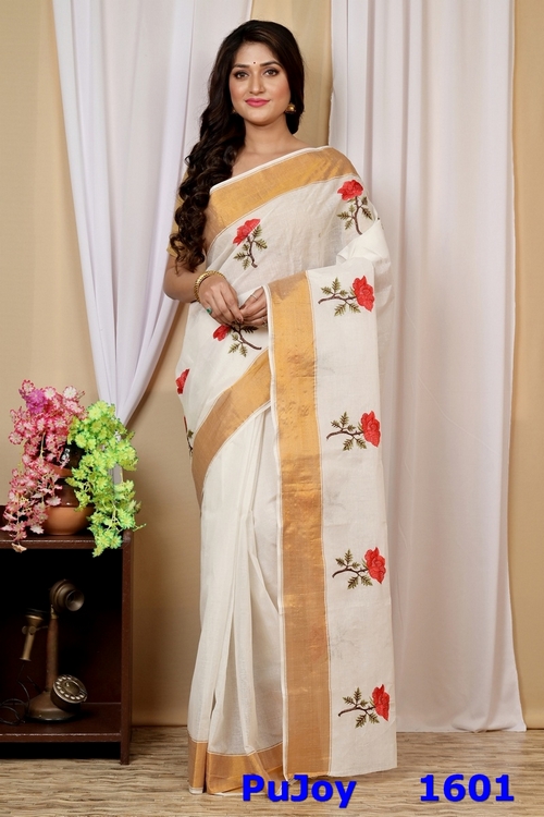 White Red Pure Cotton Askiti Tant Embroidery (1601)