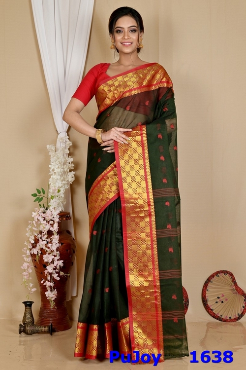 Dark Green Pure Cotton Atula Tant Saree (1638)