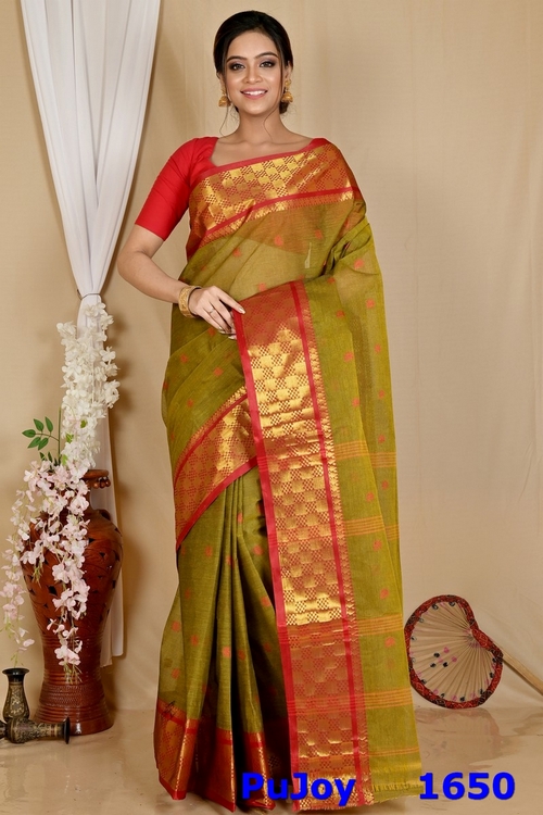 Olive Green Pure Cotton Atula Tant Saree (1650)