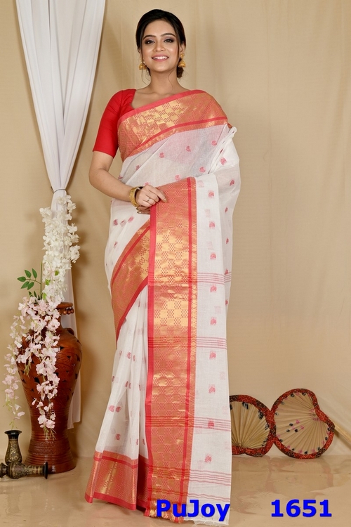 White Red Pure Cotton Atula Tant Saree (1651)
