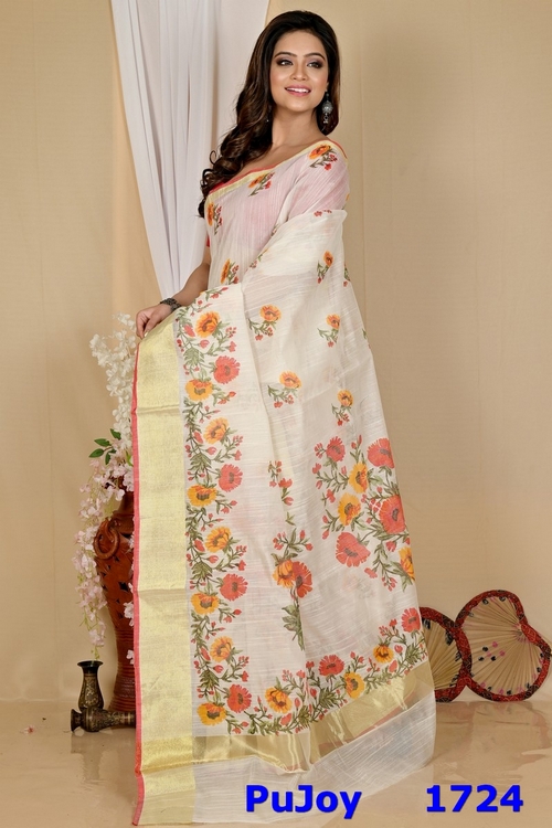 White Cotton Narme Printed Handloom Saree (1724)