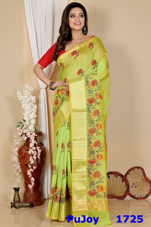 Green Cotton Narme Printed Handloom Saree (1725)