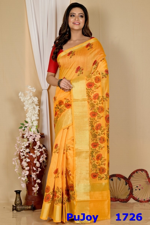 Yellow Cotton Narme Printed Handloom Saree (1726)