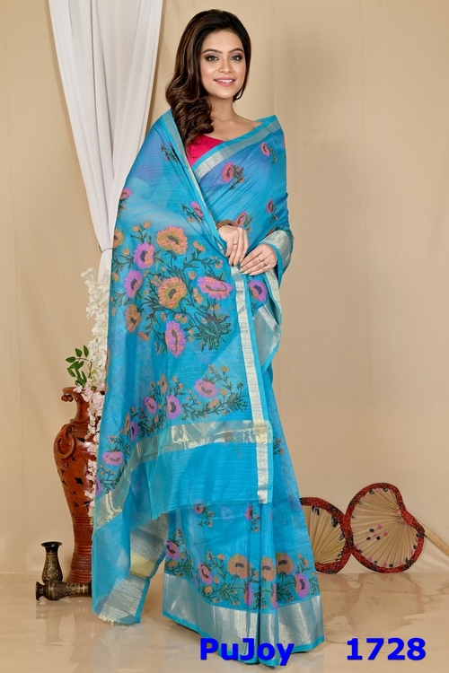 See Blue Cotton Narme Printed Handloom Saree (1728)