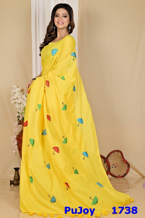 Yellow Pure Cotton Umber Than Embroidery Handloom saree (1738)