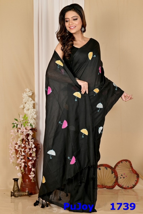 Black Pure Cotton Umber Than Embroidery Handloom saree (1739)