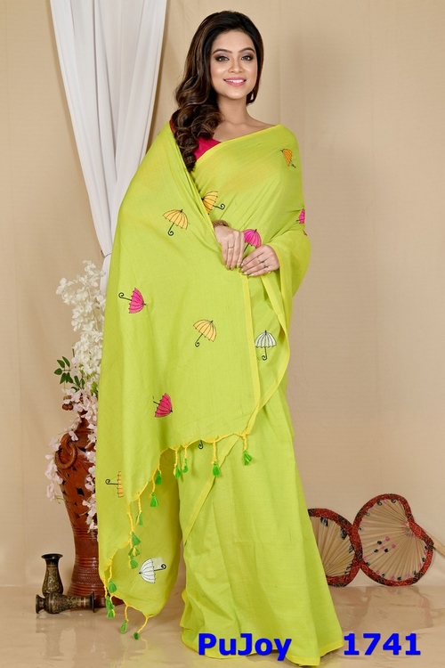 See Green Pure Cotton Umber Than Embroidery Handloom saree (1741)