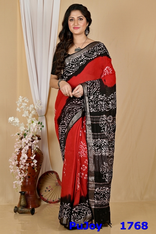 Red Black Pure Cotton Batikato Batik Print Saree (1768)