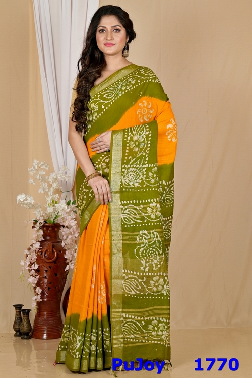 Yellow Green Pure Cotton Batikato Batik Print Saree (1770)