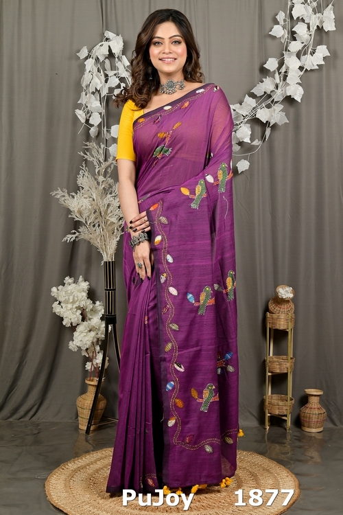 Orchid Purple Pure Cotton Pakhi Kantha Stitch Saree (1877)