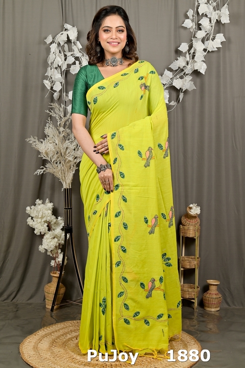 Lime Green Pure Cotton Pakhi Kantha Stitch Saree (1880)