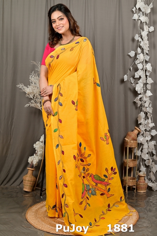 Yellow Pure Cotton Pakhi Kantha Stitch Saree (1881)
