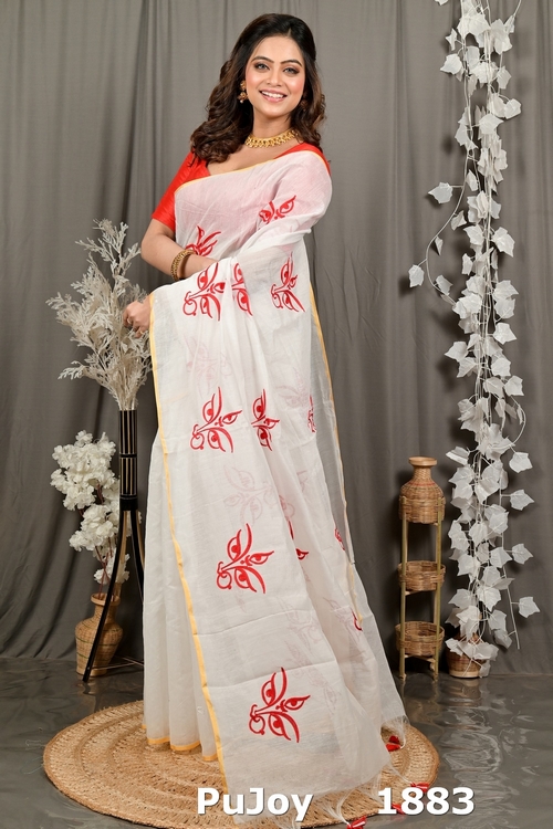White Red Cotton Blend Variti embhand Embroidery Handloom saree (1883)