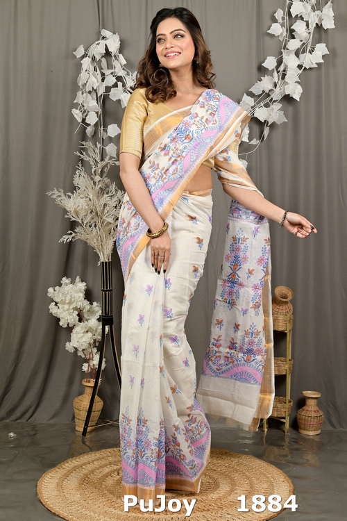 White Red Cotton Blend Variti pritat Tant Saree Print (1884)