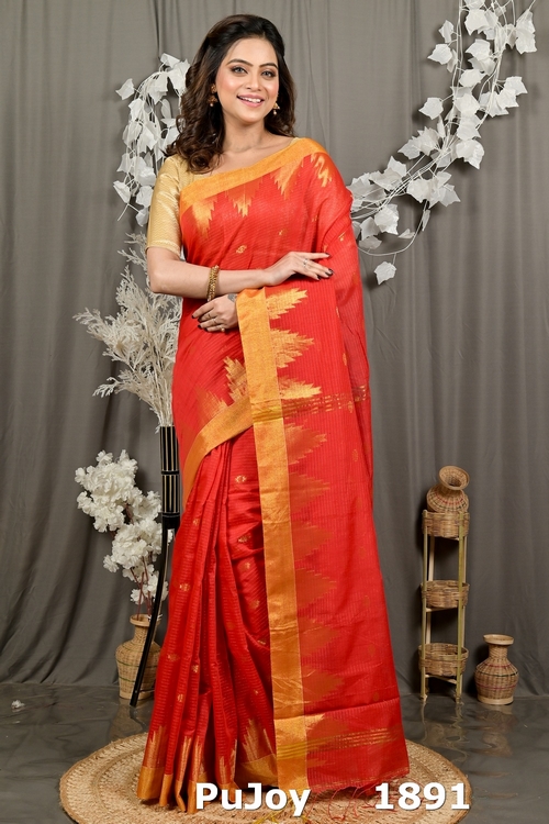 Red Cotton Blend Daypi Hand Loom Saree (1891)