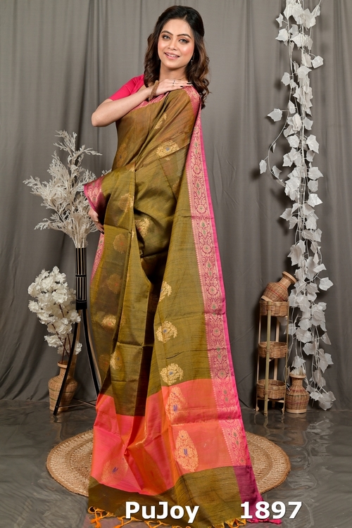 Mehndi Green Pink Cotton Blend Daymin Hand Loom Saree (1897)