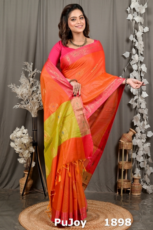 Orange Green Cotton Blend Daymin Hand Loom Saree (1898)