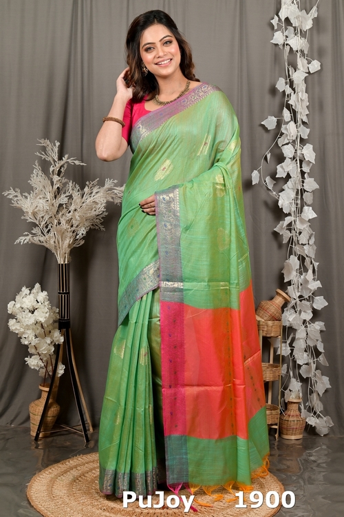 Green Pink Cotton Blend Daymin Hand Loom Saree (1900)