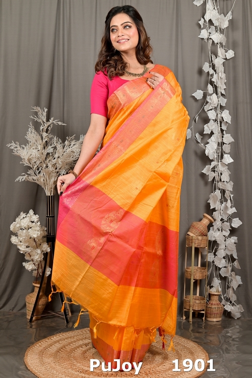 Yellow Pink Cotton Blend Daymin Hand Loom Saree (1901)