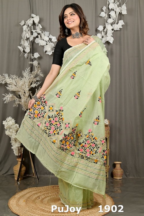 Lime Green Cotton Blend Dayki Kantha Stitch Saree (1902)