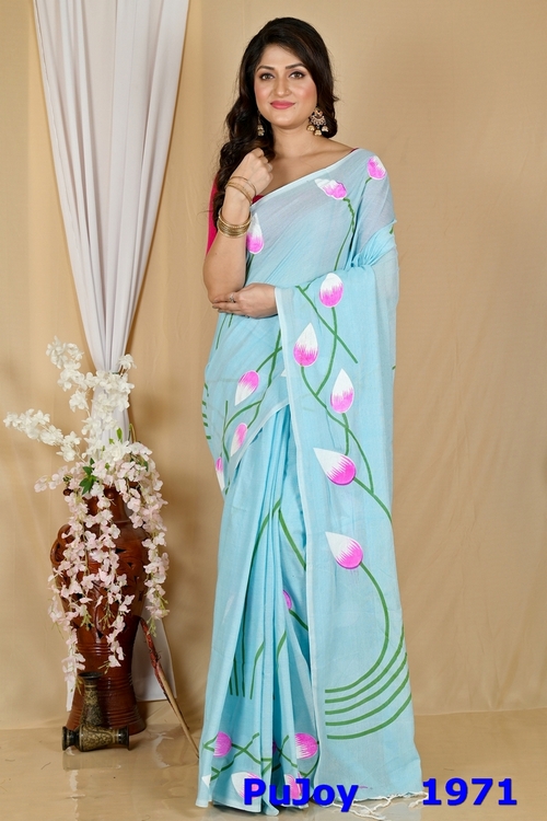 Sky Blue Pure Cotton Kamal Hand Painted Saree (1971)
