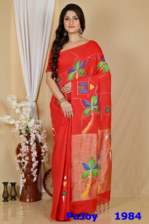 Red Pure Cotton Keshaka Hand Painted Saree (1984)
