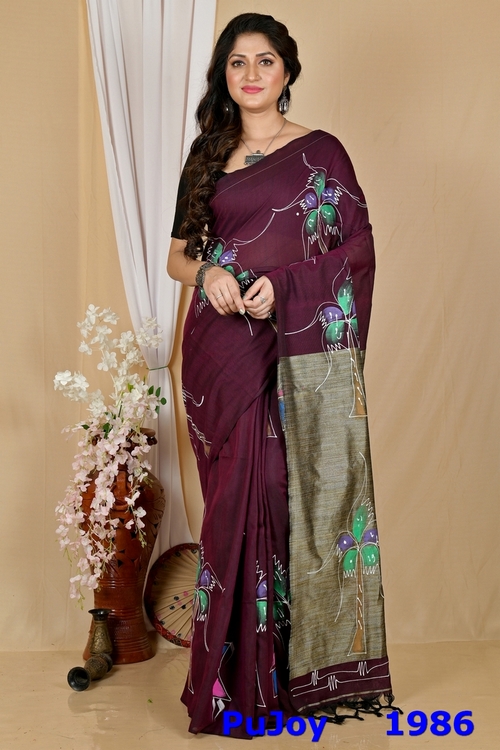 Drak Brown Pure Cotton Keshaka Hand Painted Saree (1986)