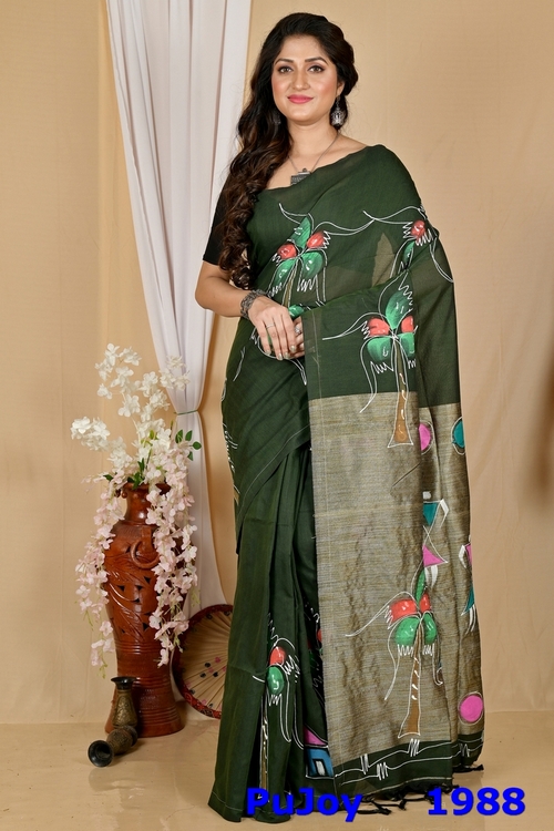 Dark Green Pure Cotton Keshaka Hand Painted Saree (1988)