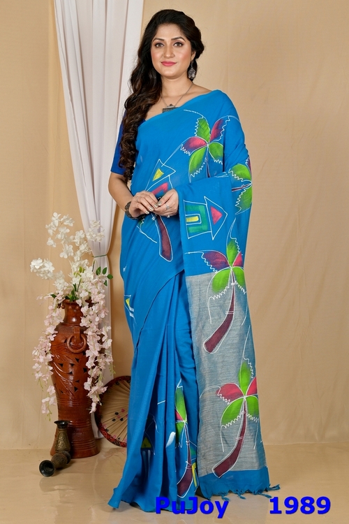 Sky Blue Pure Cotton Keshaka Hand Painted Saree (1989)