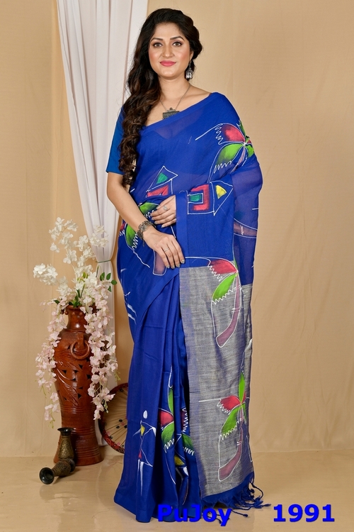 Dark Blue Pure Cotton Keshaka Hand Painted Saree (1991)