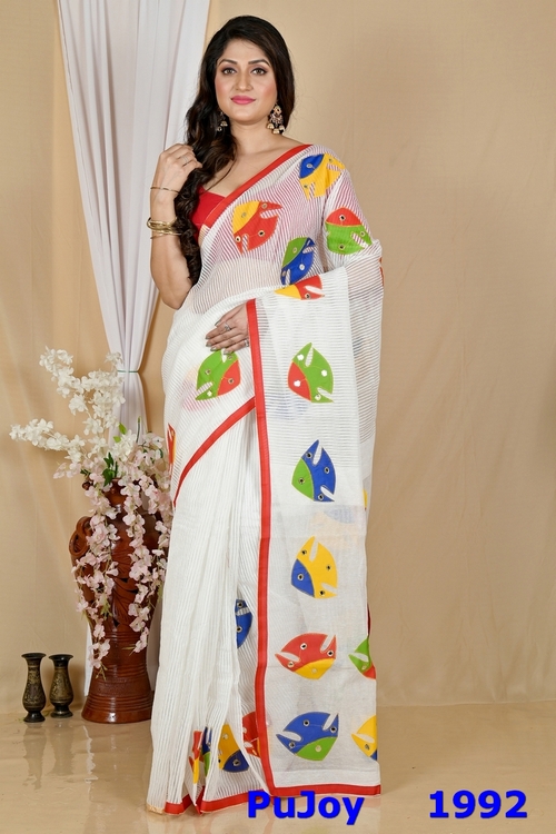 White Blended Cotton Aplika Applique Saree (1992)