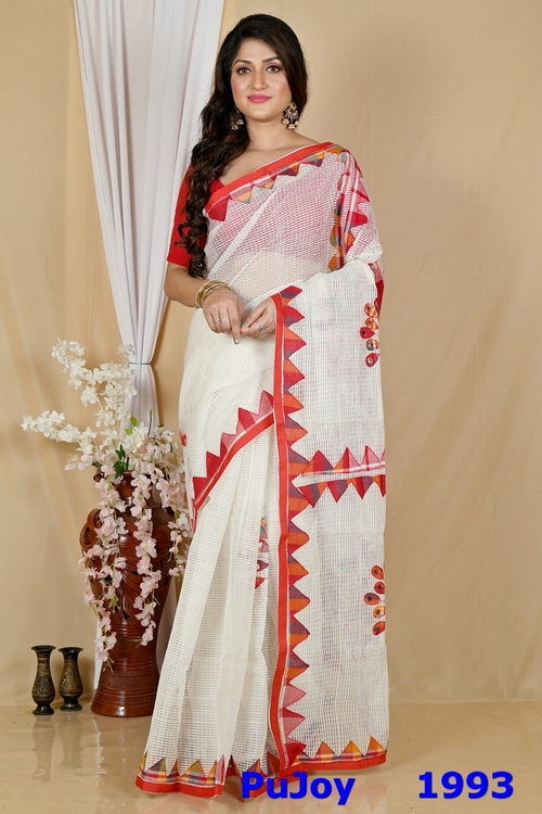White Red Blended Cotton Aplika Applique Saree (1993)