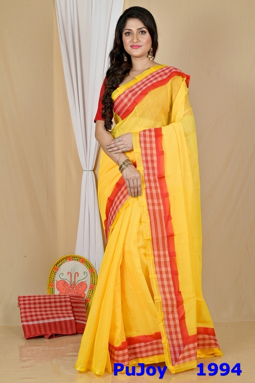 Yellow Blended Cotton Aplika Applique Saree (1994)