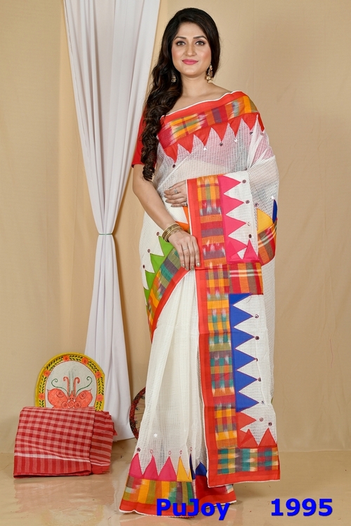 White Blended Cotton Aplika Applique Saree (1995)