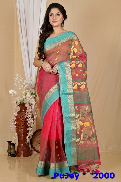 Red Green Pure Cotton Madhka Tant Saree (2000)