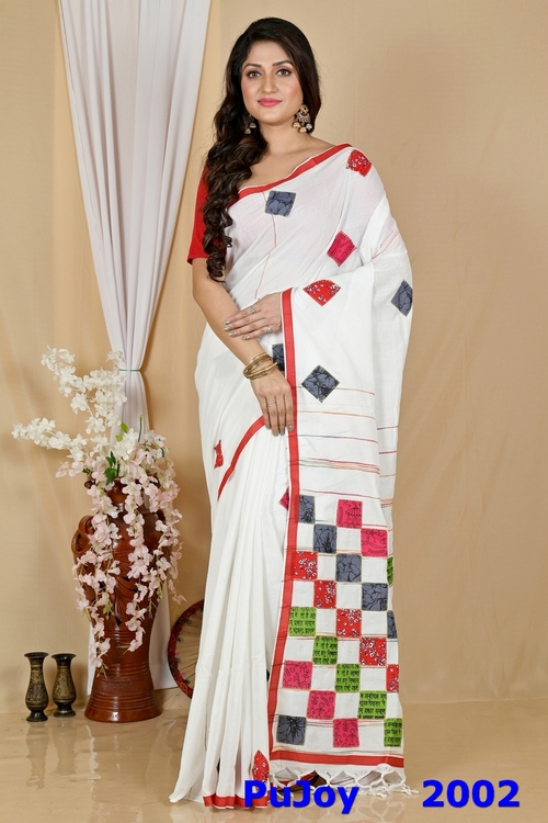 White Pure Cotton Aplika Tanu Applique Saree (2002)