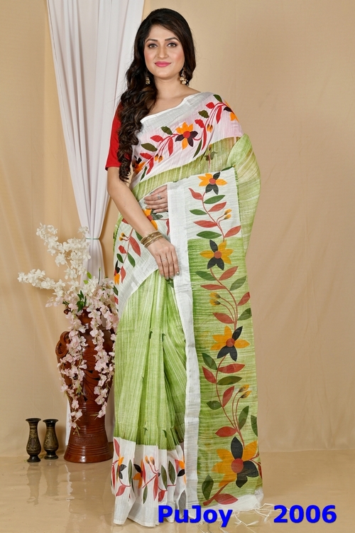 Olive Green Blended Cotton Korel Printed Handloom Saree (2006)