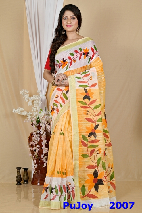 Yellow White Blended Cotton Korel Printed Handloom Saree (2007)
