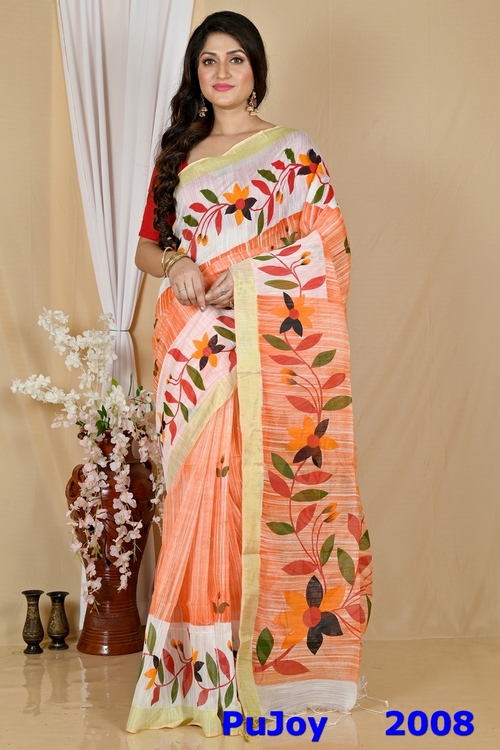 Orange White Blended Cotton Korel Printed Handloom Saree (2008)