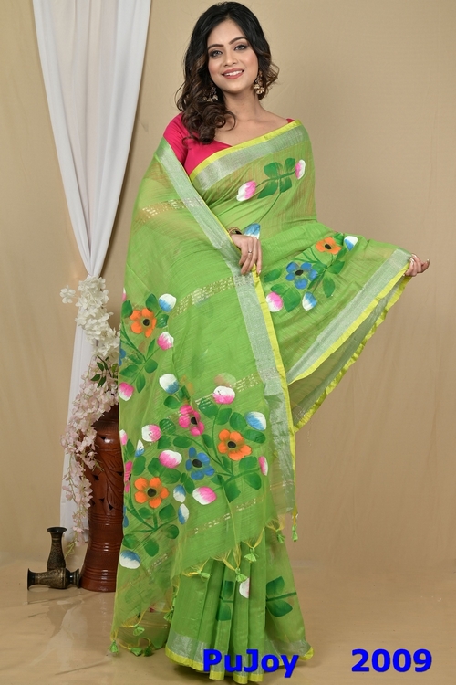 See Green Blended Cotton Korel Printed Handloom Saree (2009)
