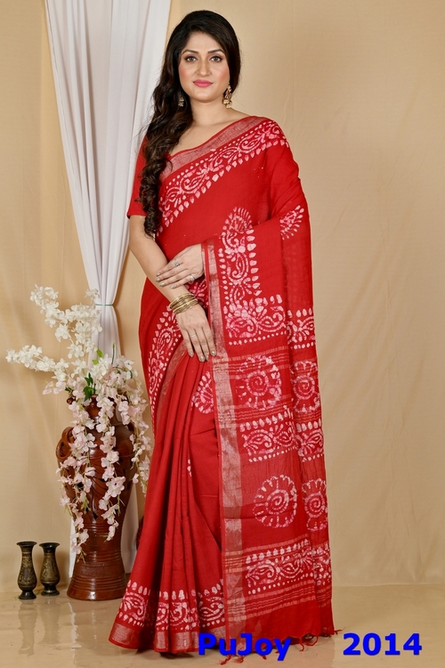 Red Pure Cotton Batika Boll Batik Print Saree (2014)