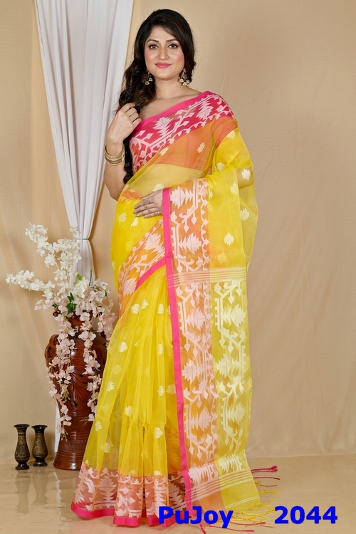 Yellow Cotton Monimal Muslin saree (2044)